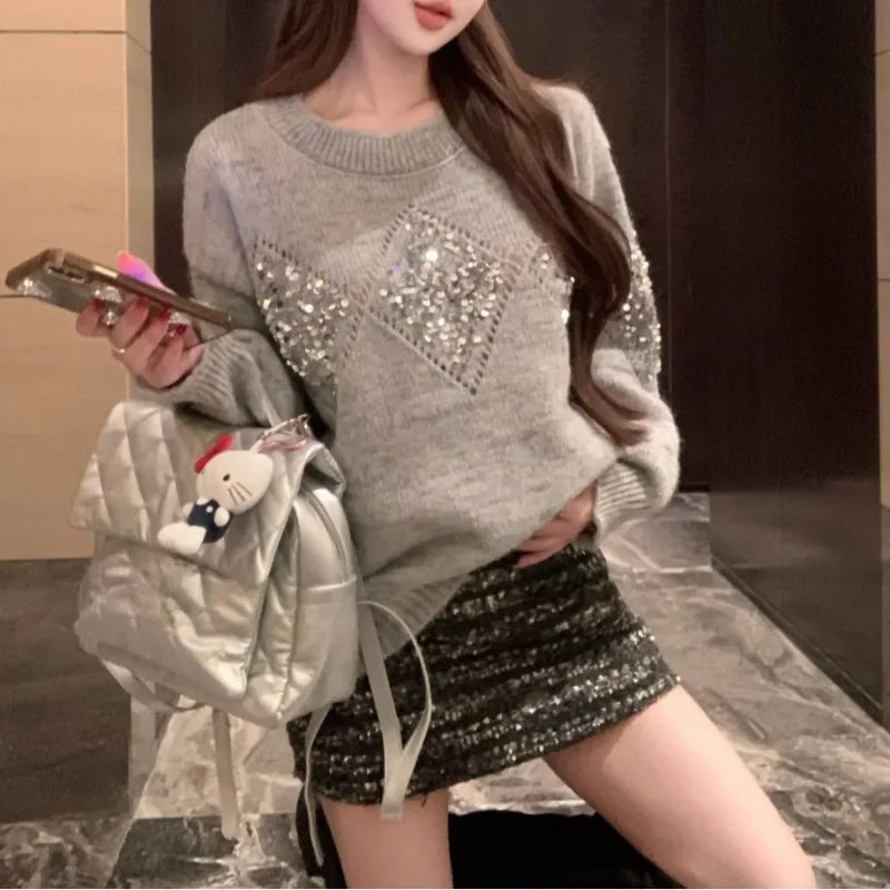 Spring New Oneck Diamond Sequins Cashmere Longsleeved Sweater + High Waist Striped Knit Skirt Twopiece Suit