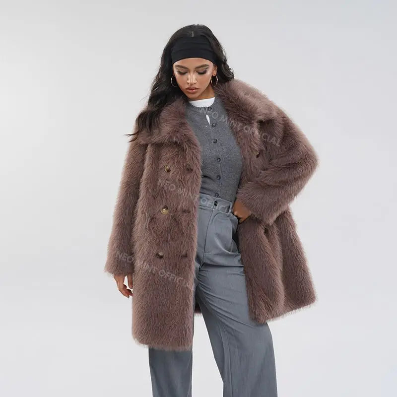 Brand Belted Long Fluffy Faux Fur Coat Winter Thicken Warm Lapel Fox Fur Collar Furry Jacket Overcoat
