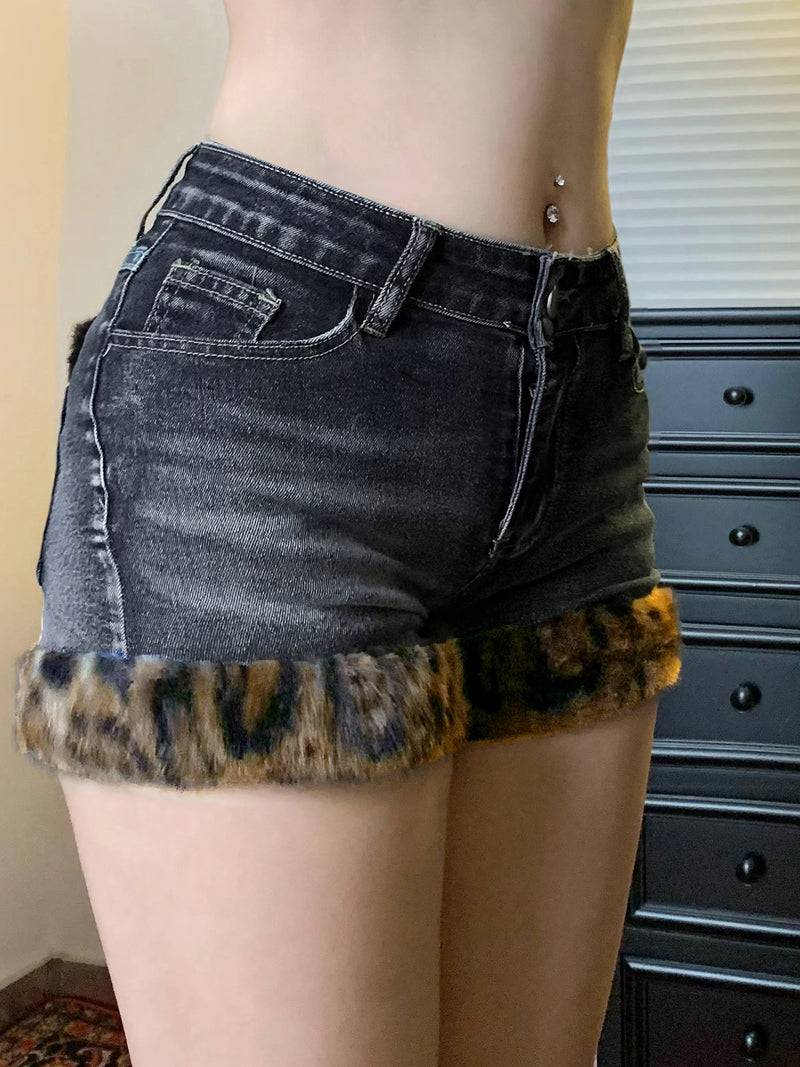 Y2k Leopard Faux Fur Spliced Jean Shorts Street Shorts Retro Exquisite
