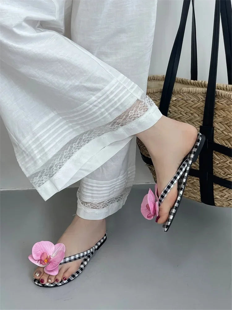 Summer Design Flower Geometric Clip Toe Low Flat Heels Slippers Flip Flops Party Shoes