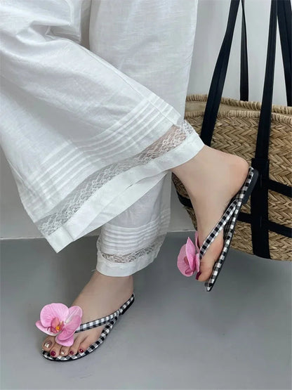 Summer Design Flower Geometric Clip Toe Low Flat Heels Slippers Flip Flops Party Shoes