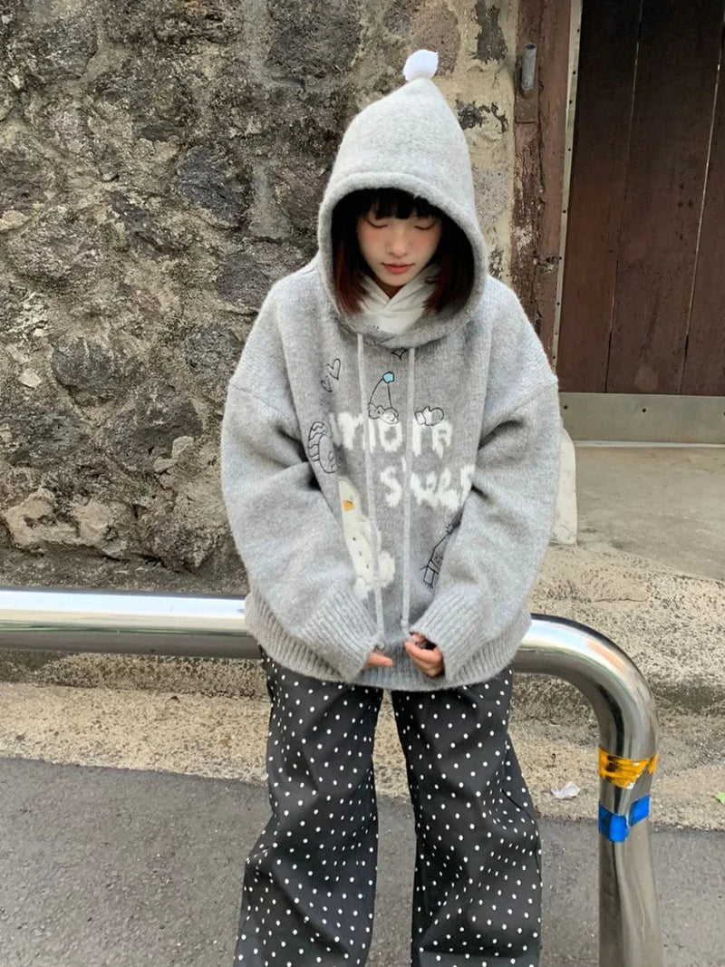 Kawaii Snowman Hooded Sweatshirt Gray Ribbed Hoodies Knitwear Korean Oversize Cutecore Winter Clothes