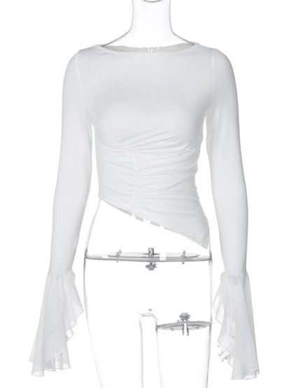 White Mesh Cropped Top Pullover for Patchwork Long Sleeve Skinny Irregular Ruched T-shirts ’s Y2k Top
