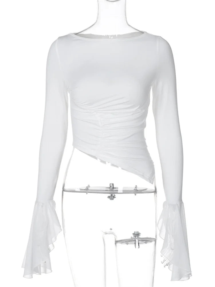 White Mesh Cropped Top Pullover for Patchwork Long Sleeve Skinny Irregular Ruched T-shirts ’s Y2k Top