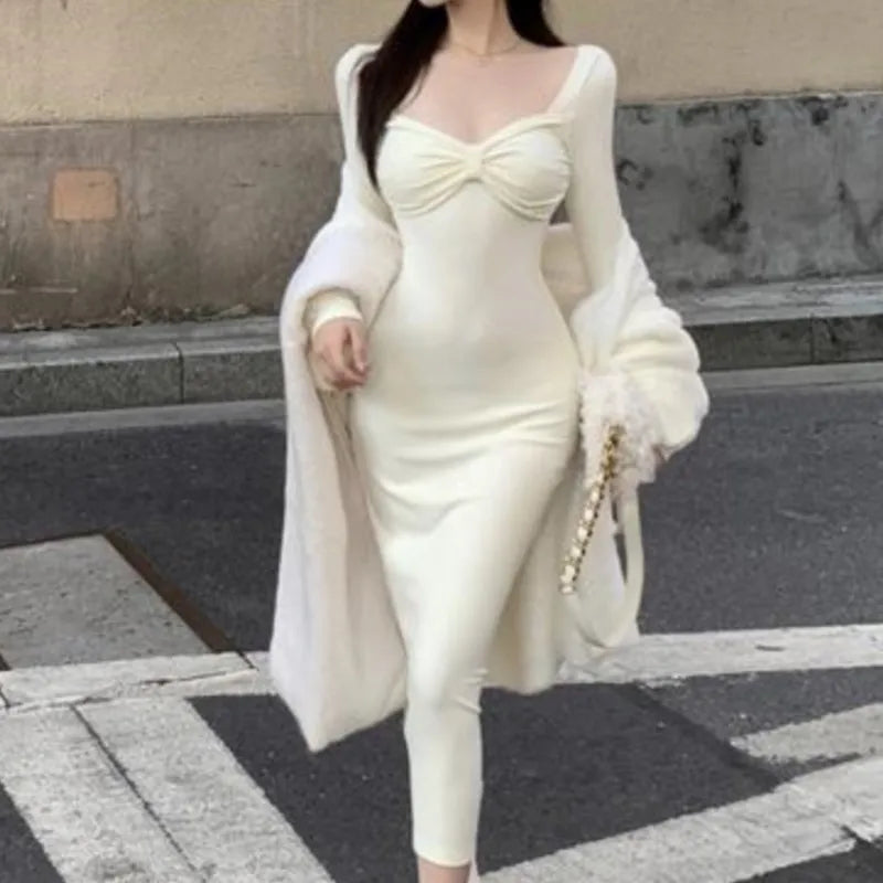 French Autumn New Bodycon Midi Dresses Square Collar Long Sleeve Slim Korean Party Dress Vestidos Mujer