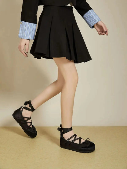 Ballet Flats Round Toe Lace Up Black Pink White Bow Designer Shoes Sandals Ballerinas Mary Jane Shoes for