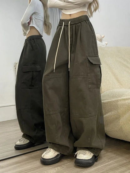 Baggy Cargo Pants Y2k Sweatpants Drawstring High Waist Pocket Patchwork Wide Leg Pants Oversize Trousers
