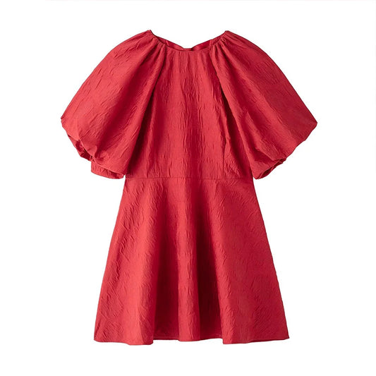Retro Back Lace Up Mini Dresses Loose Puff Short Sleeve O-neck Dress Female Christmas Party