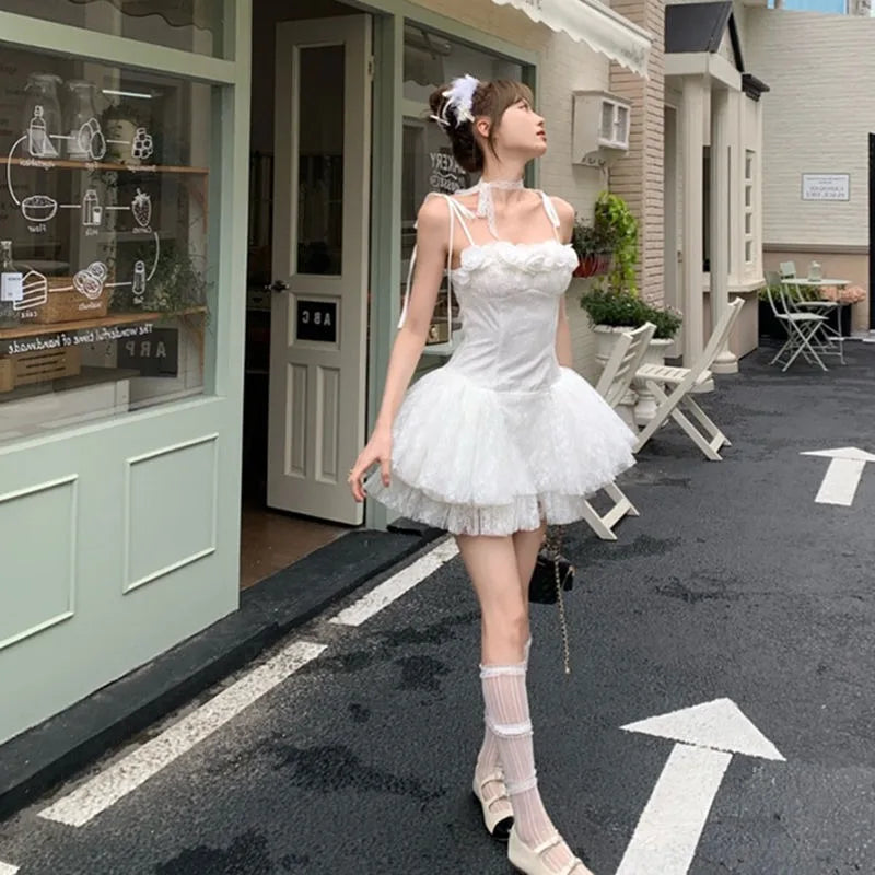 Mini Dresses Lace Patchwork Bow Sleeveless Slim Backless Mesh Sweet Party Dress Spring Summer Female