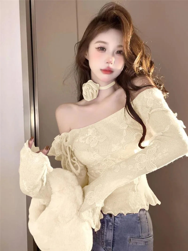 Sweet Hot Girl Flare Sleeved Sweater Autumn and Winter Off Shoulder Slash Neck Knitted Pullover Female Clothes