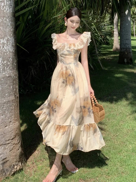 Prints Midi Dresses for French Clothing Holiday Beach Party Summer New