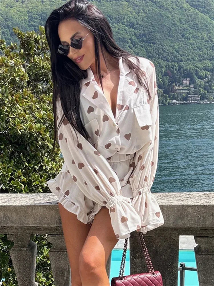 Autumn 2 Piece-set Shorts for Printed Pocket Shirts and High Waist Slim Shorts Sets Female Contrast Outfits
