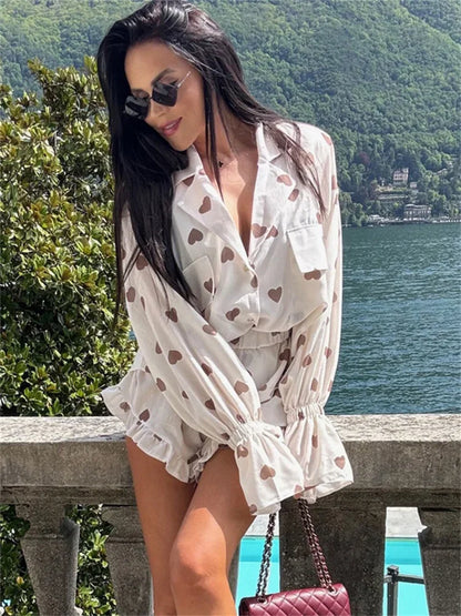 Autumn 2 Piece-set Shorts for Printed Pocket Shirts and High Waist Slim Shorts Sets Female Contrast Outfits