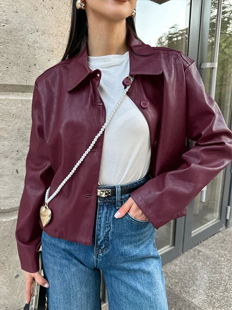 Burgundy Faux Leather Jackets Moto Biker Lapel Zipper Long Sleeve Female Coats Spring Lady Street Outwear