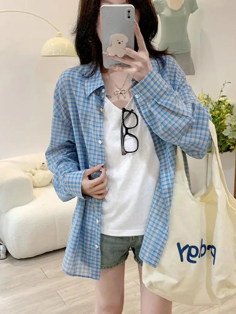 Korean Style Blue Plaid Single Breasted Shirt Spring Autumn Long Sleeve Loose Lapel Sunscreen Blouses