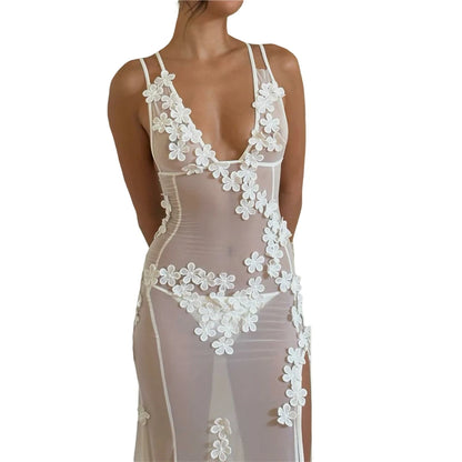 Dress for White Sheer See Through V Neck Sleeveless Bodycon Long Dresses 3d Flower Party Dresses Clubwear