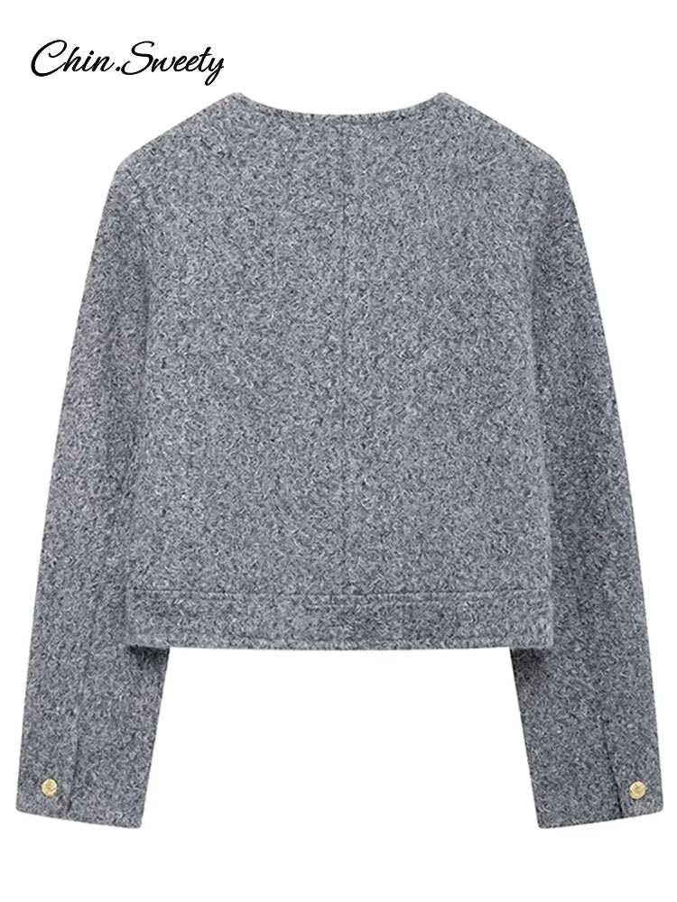 Woolen Blends Coat for O-neck Metal Button Gray Long Sleeve Pockets Jackets Autumn Lady High Street Outwear