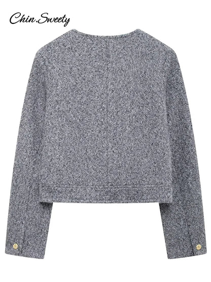 Woolen Blends Coat for O-neck Metal Button Gray Long Sleeve Pockets Jackets Autumn Lady High Street Outwear