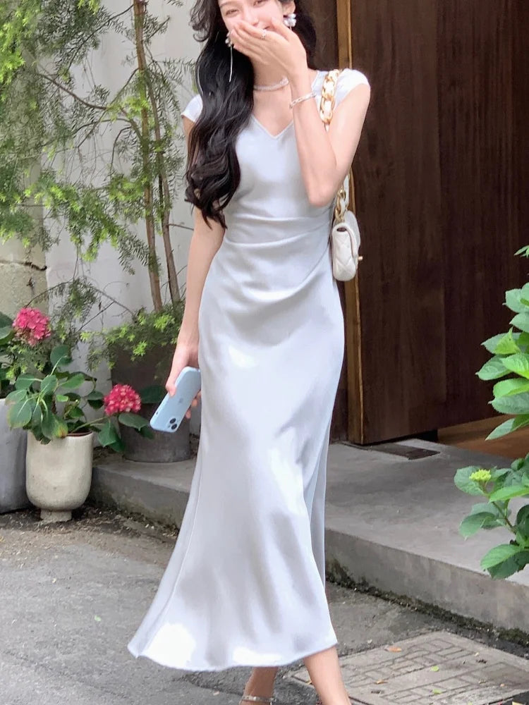 Vneck Slim Midi Dresses for Sleeveless Party Prom Female Clothes Summer