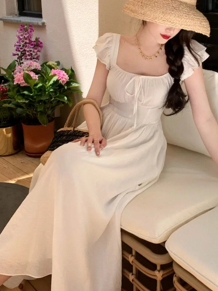 Midi Dresses for Summer New Square Collar High Waist Princess Party Dress A-line Vestido Mujer