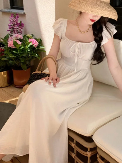 Midi Dresses for Summer New Square Collar High Waist Princess Party Dress A-line Vestido Mujer