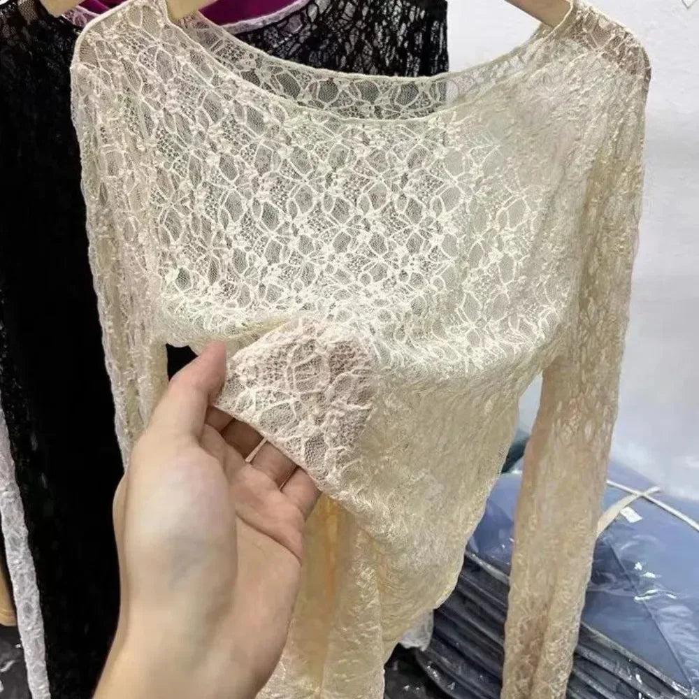 Lace Mesh High Collar Bottom T-shirts Female Long Sleeve Autumn Style Tight Thin Tops T-shirts Clothes