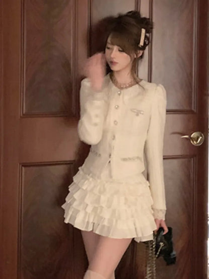 French 2-piece Set Tweed Lace Patchwork Single Breasted Coat Ruffles Cake Mini Skirt Korean Autumn Outfits New