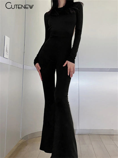 Black Backless Bodycon Wide Leg Jumpsuit Autumn Slim Long Sleeve O-neck Playsuit Lady
