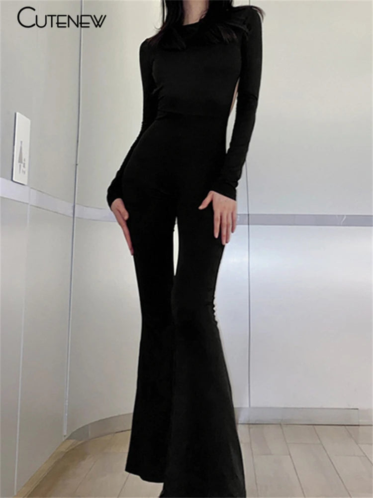 Black Backless Bodycon Wide Leg Jumpsuit Autumn Slim Long Sleeve O-neck Playsuit Lady