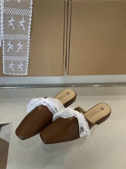Slippers Flat Shoes Female Lace Beige Heeled Sandals Slides Cover Toe Slipers Mules Butterflyknot Blac