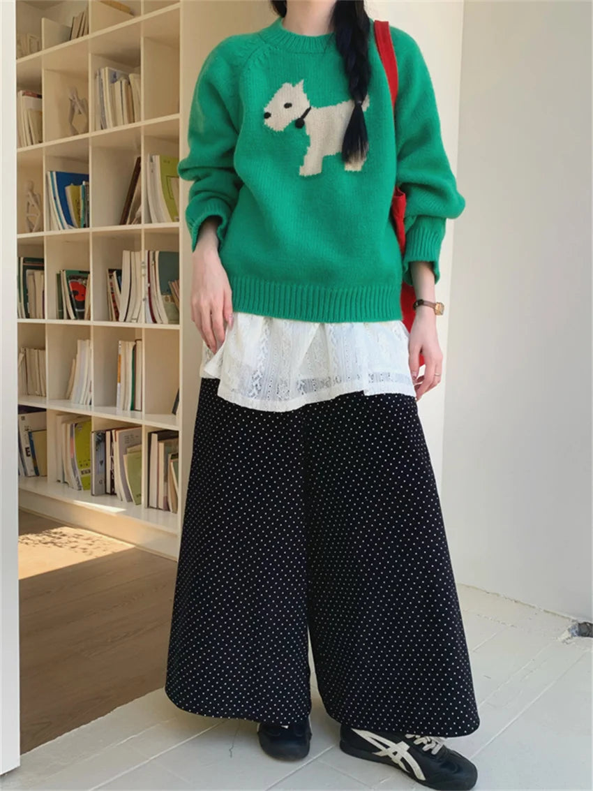 Corduroy Straight Trousers Polka Dot Knitted Sweaters Sweet Skirt Over Pants Daily New Slim Spring