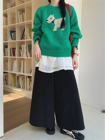Corduroy Straight Trousers Polka Dot Knitted Sweaters Sweet Skirt Over Pants Daily New Slim Spring