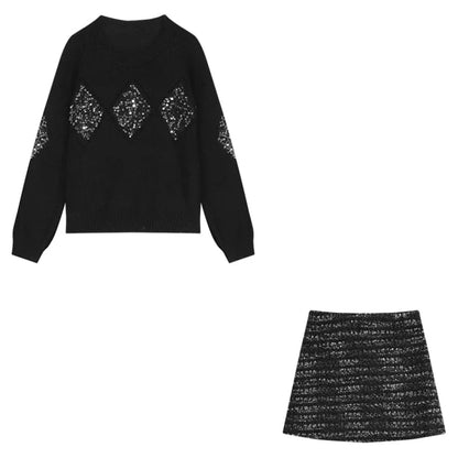 Spring New Oneck Diamond Sequins Cashmere Longsleeved Sweater + High Waist Striped Knit Skirt Twopiece Suit