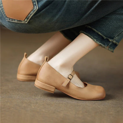 Round Toe Pumps Low Heels Genuine Leather Office Working Shoes Woman Spring Summer Retro Style