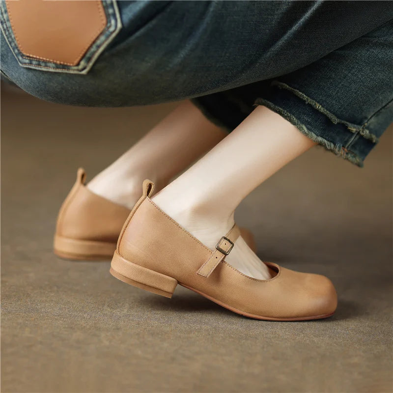 Round Toe Pumps Low Heels Genuine Leather Office Working Shoes Woman Spring Summer Retro Style