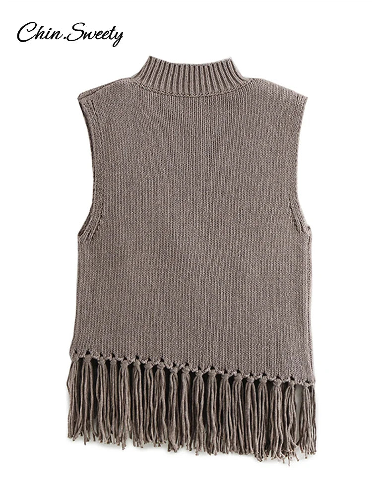 Street Tassel Knitted Vest Sweater for Half-high Collar Sleeveless Slim Fit Tank Top Female Spring Lady Soft Outwear