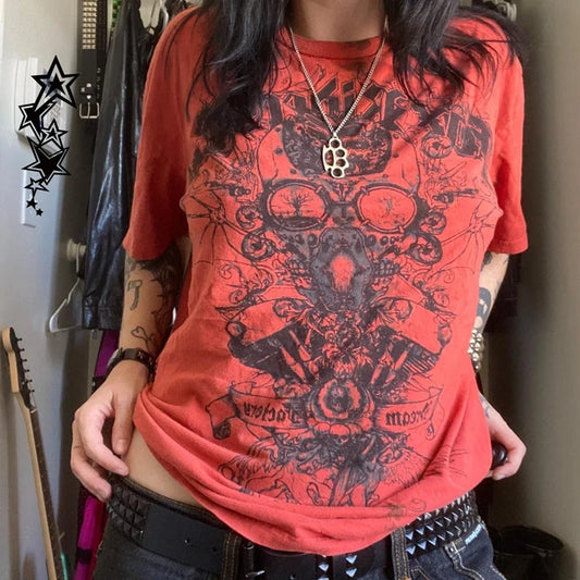 Y2k Grunge Cyber Goth Tee Skull Graphic Short Sleeve Crop Tops Japanese Kawaii 00s Retro Skater T-shirt