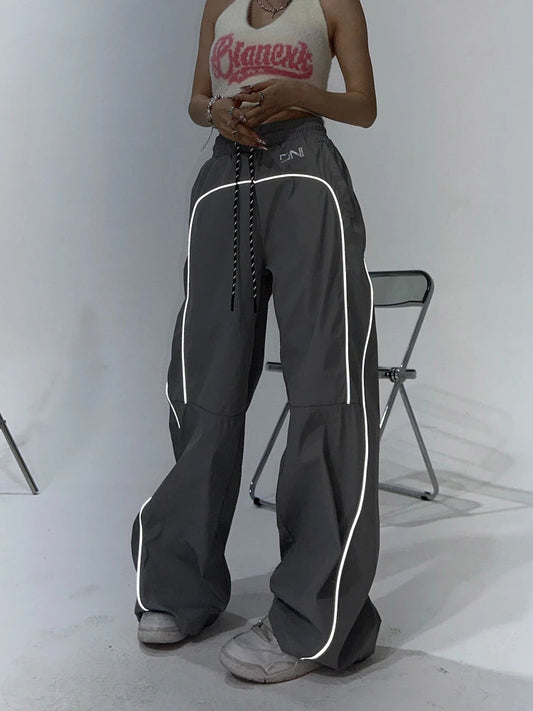 Palazzo Pants Reflective Stripe Jogger Wide Leg Trousers Y2k Baggy Sweatpants Female Pantalon