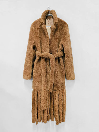 Faux Fur Warm Coat Lapel Loose Long Sleeve Hem Tassel Plush Overcoat Winter New Tide