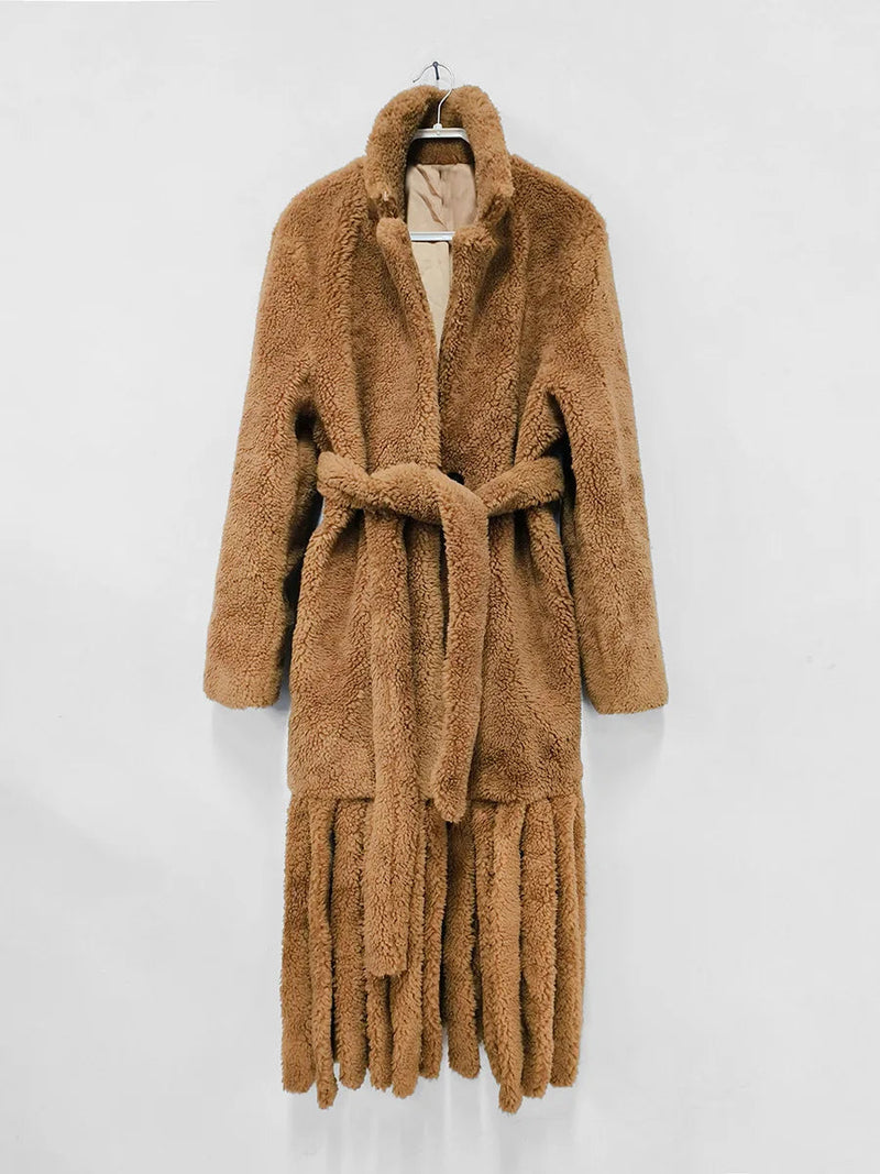 Faux Fur Warm Coat Lapel Loose Long Sleeve Hem Tassel Plush Overcoat Winter New Tide