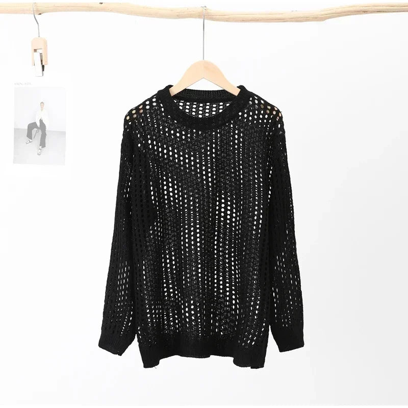 Summer Oversize T-shirt Knitted Sweater ’s Long Sleeve Transparent Top Loose Pullovers Basic T-shirt for