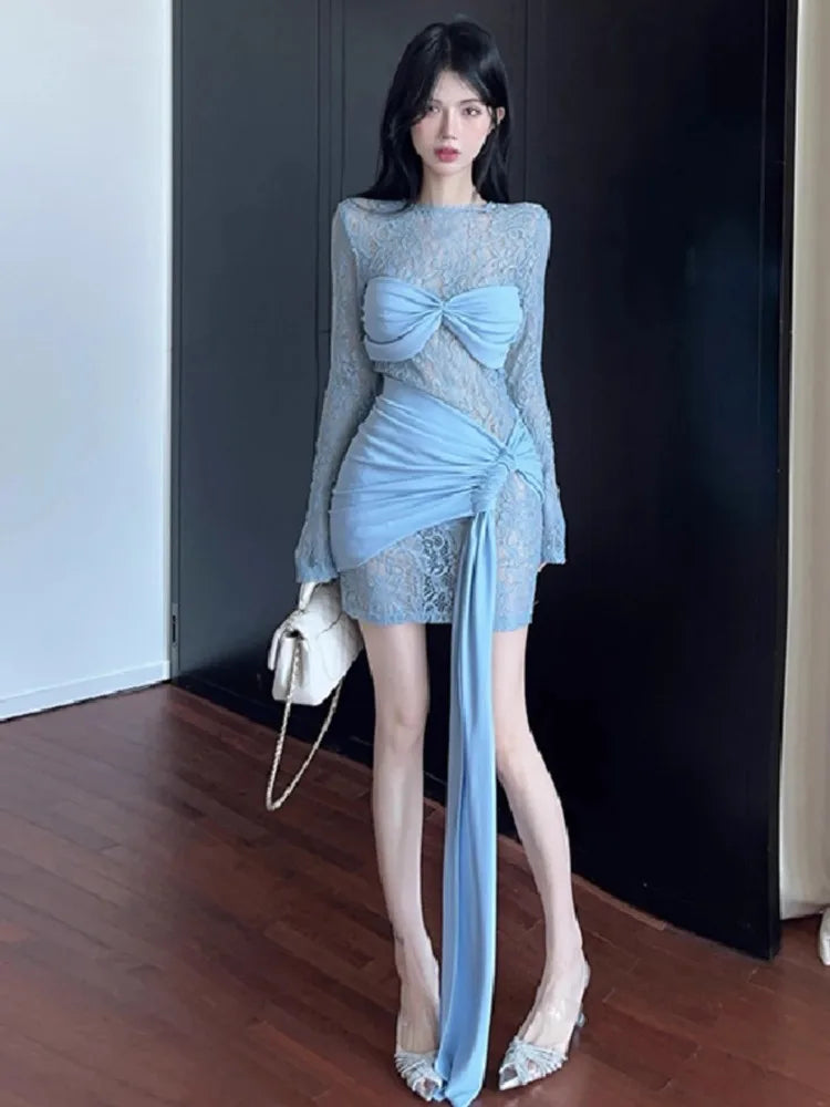 Mini Dresses Sweet Long Sleeve Slim Ruched O Neck Irregular Party Dress Party Autumn Clubwear