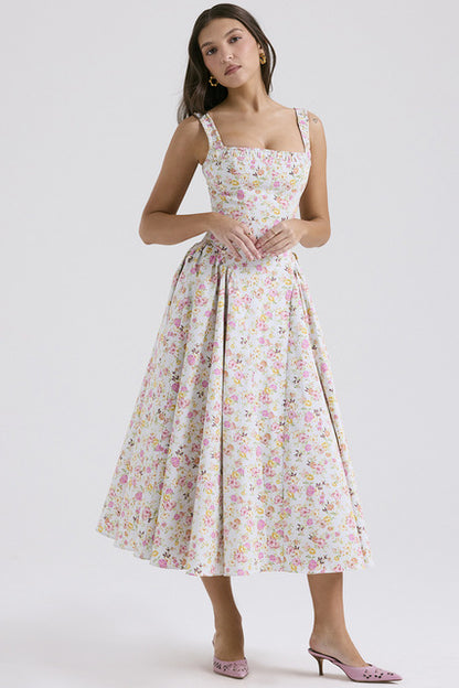 Flower Print Spaghetti Strap Dresses Backless Low Cut Folds Vacation Style Slim Midi Dress Female Vestidos