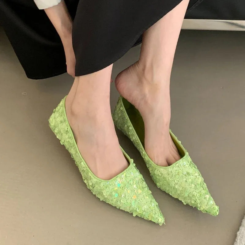 Bling Pumps Footwear Pointed Toe Shallow Low Heel Dress Shoes Female Comfort High Heels Zapatos De Mujer