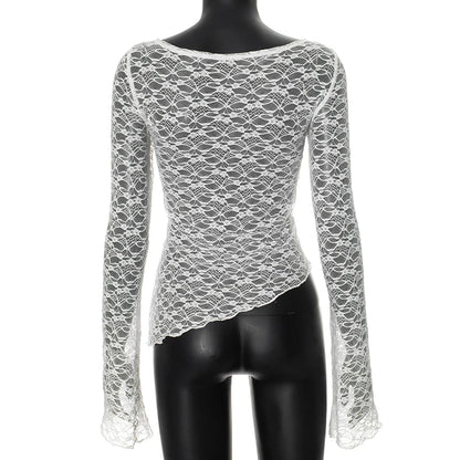 Lace Sheer T-shirt Cover-ups See Through Long Sleeve Asymmetrical Tees Shirt Mesh Crop Tops