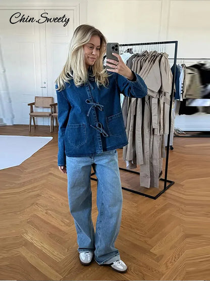 Street Lace Up Denim Shirt for Lapel Long Sleeve Loose Thick Blouses Spring Lady Loose Top Outwear New
