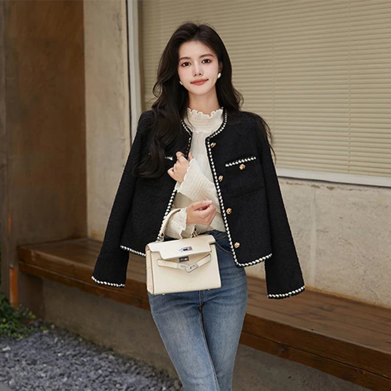 Cropped Tweed Jacket Black Quilted Coat Blazer Winter Single Breasted Thicken Outerwear Tops