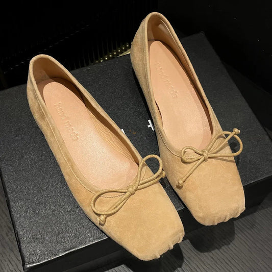 Natural Suede Leather Square Toe Slipon Ballet Flats Sweet Bowtie Female Ballerians Soft Comfort Shoes for