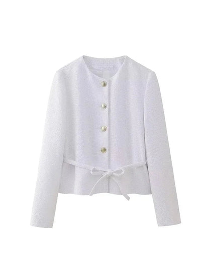 Spring Blazers White Oneck Long Sleeves Laceup Decoration Single Breasted Jacket Female Coat