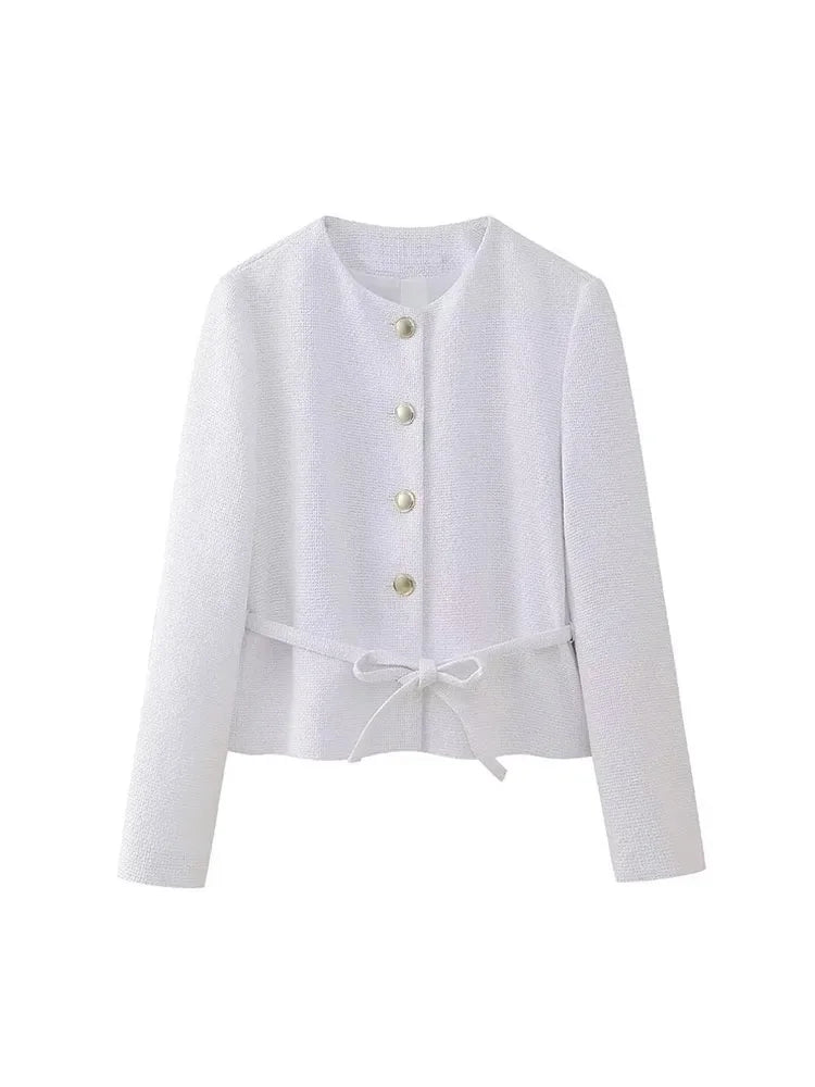 Spring Blazers White Oneck Long Sleeves Laceup Decoration Single Breasted Jacket Female Coat
